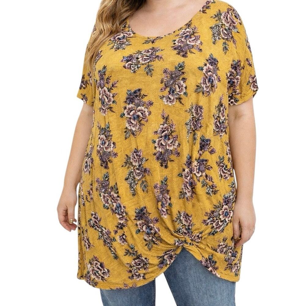 Urban Rose Mustard Floral Tunic Dress Oversized Boho Twist Hem Plus Size